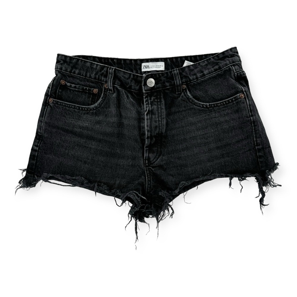 Zara Denim Shorts Womens 10 Black Button Fly Cut Off Fray Jorts Distressed 9621